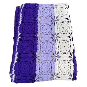 Handmade Granny Crocheted Afghan Throw Lap Blanket - White, Purple Stripe 50x46